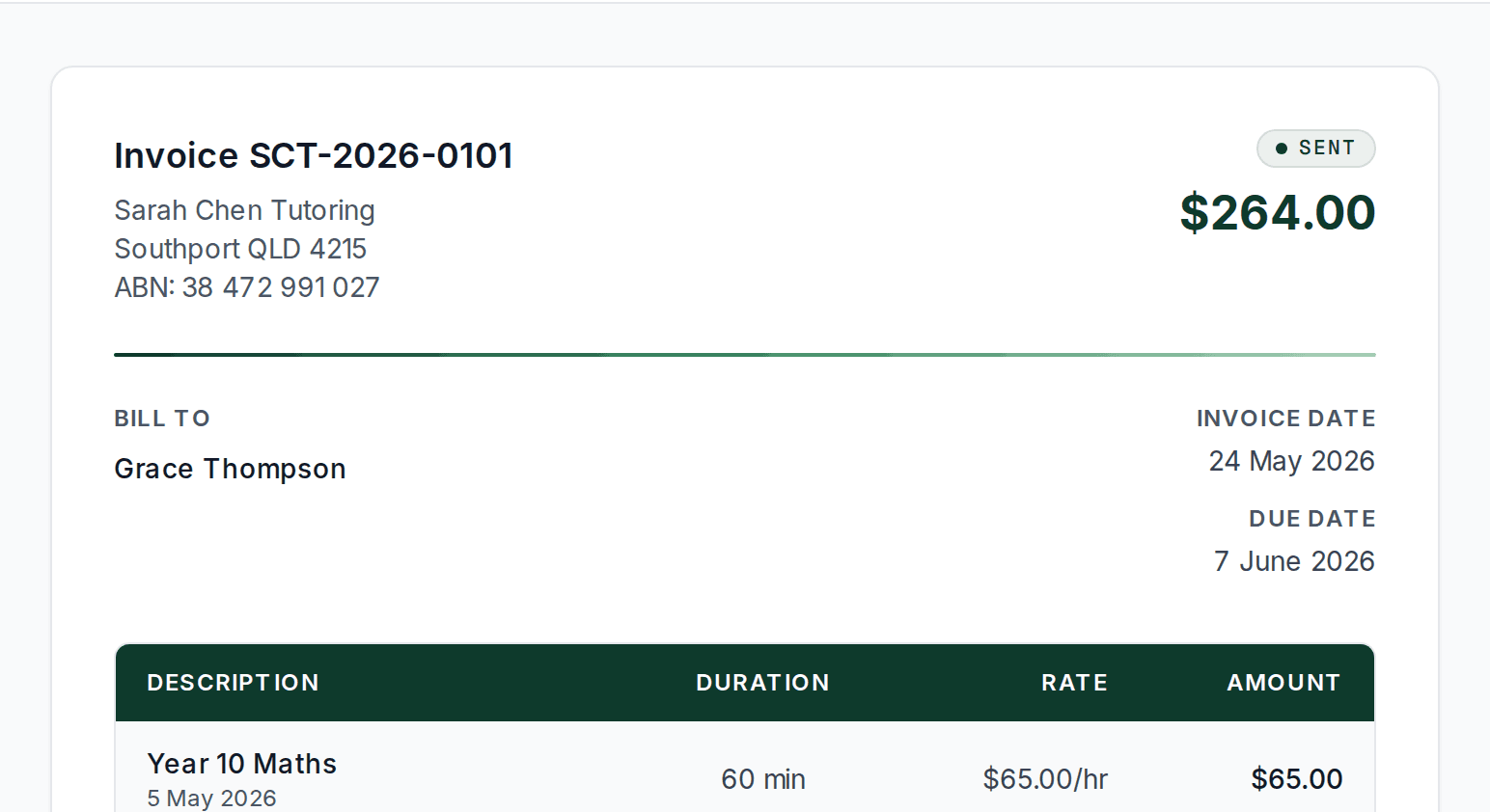 A lessonu invoice header — Sarah Chen Tutoring, ABN, $264.00 total incl. GST