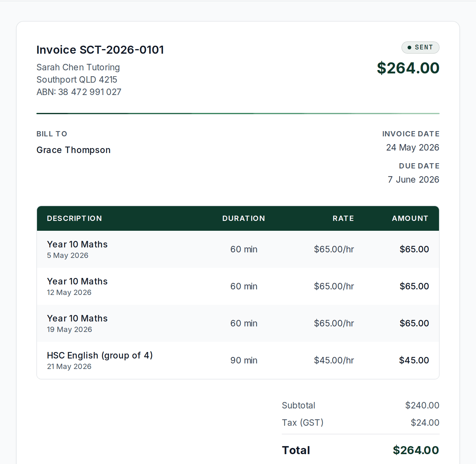A lessonu invoice — itemised tutoring lessons with GST, ready for the parent to pay