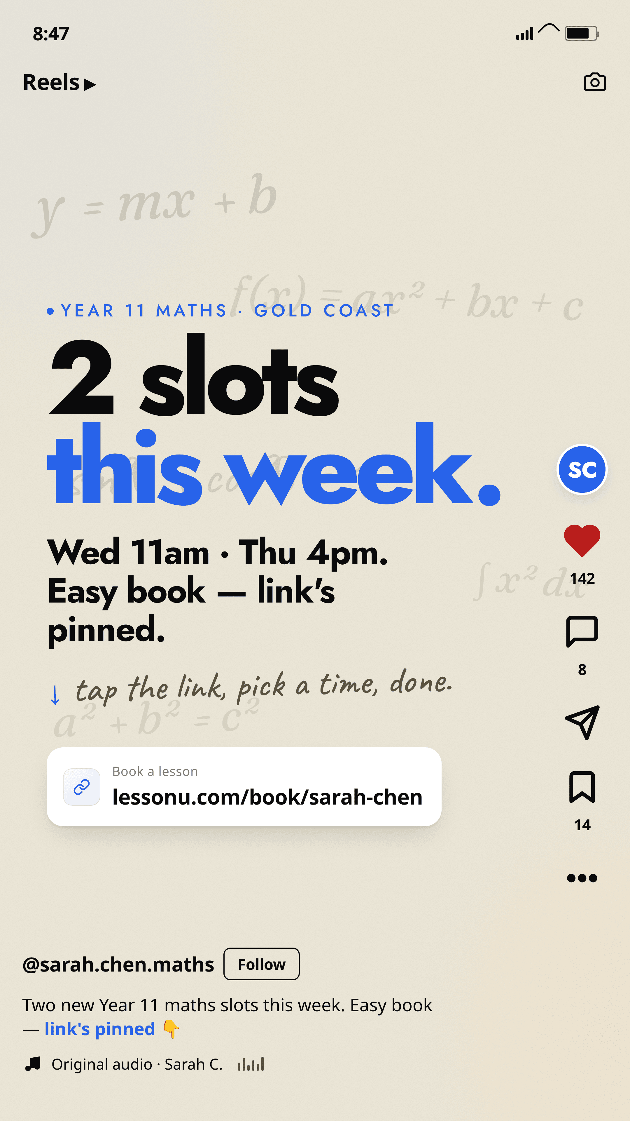 Sarah's Instagram Reel: two Year 11 maths slots this week, with a lessonu booking link sticker