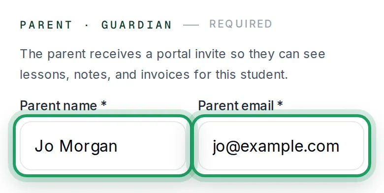Parent · Guardian, marked required, with a made-up name and email typed in Parent name and Parent email, both ringed