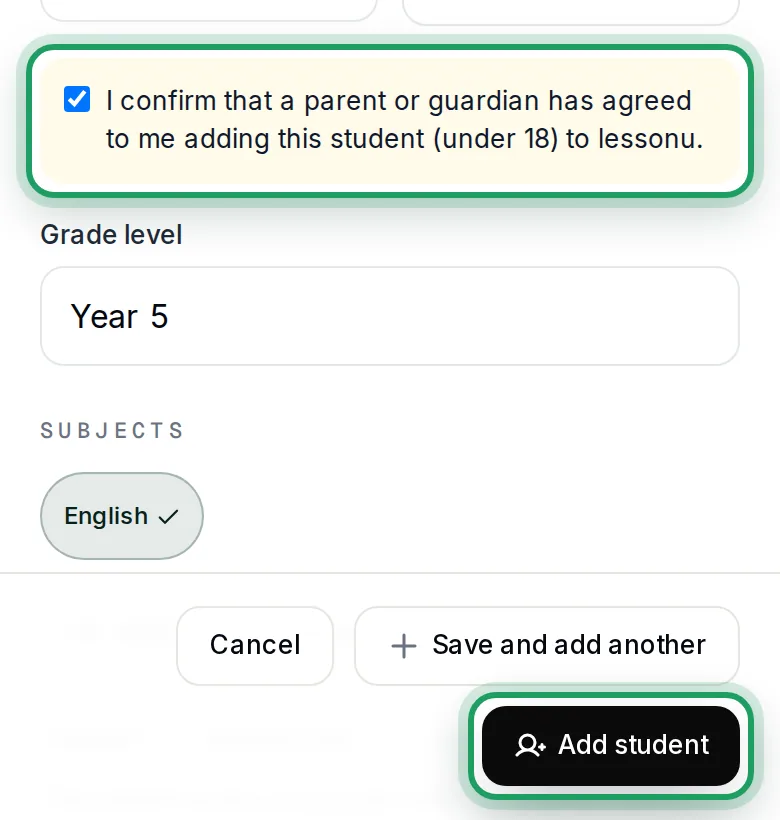 The yellow box ticked and ringed, and Add student, also ringed, no longer greyed out at the bottom of the form