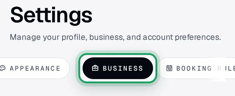 Settings on a phone, the row of section buttons swiped along to Business, with Business ringed