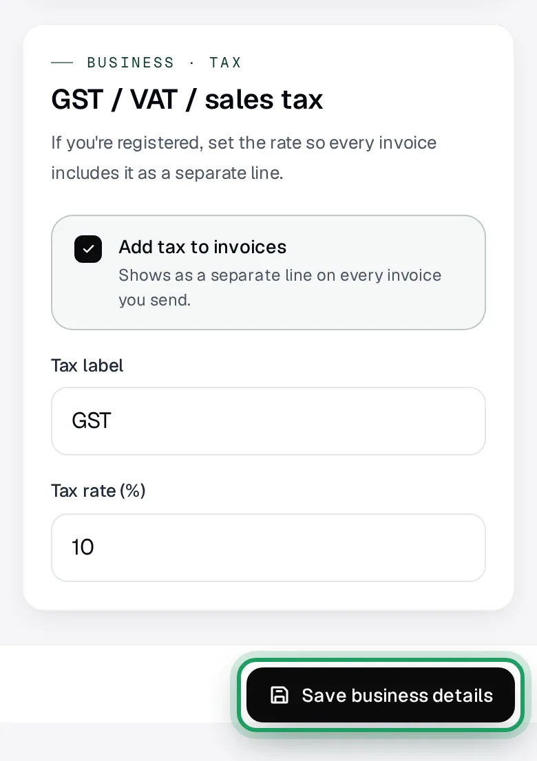 The end of the Business page on a phone, with the Save business details button ringed