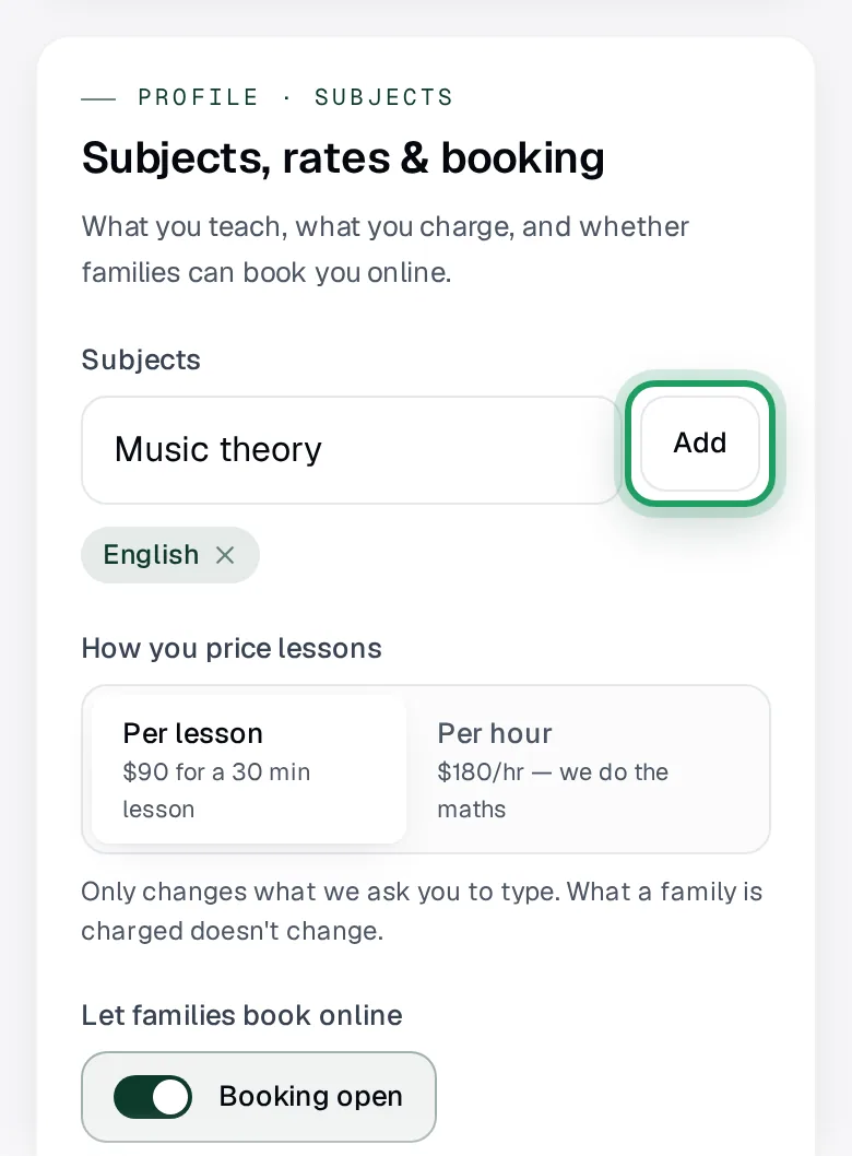 The Subjects, rates & booking card on a phone, with Music theory typed in the subject box, Add ringed, and English added below it