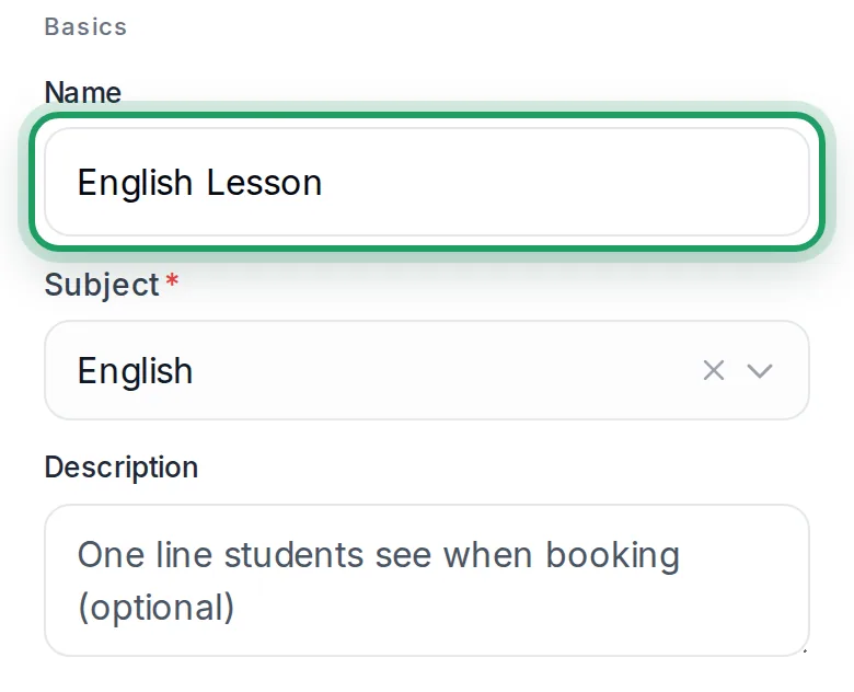 Basics on a phone, with English Lesson typed in Name and ringed, and English picked under Subject