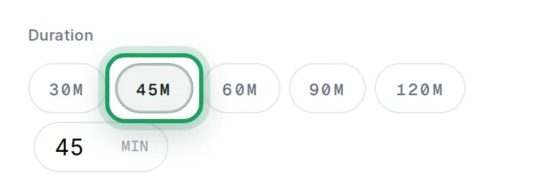 The Duration buttons, with 45m tapped and ringed, and 45 in the min box