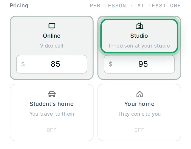 Pricing with Online on at $85 and Studio turned on at $95, the Studio tile ringed, and Student's home and Your home Off