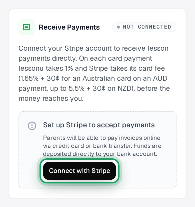 The Receive Payments card, not connected yet, with Connect with Stripe ringed