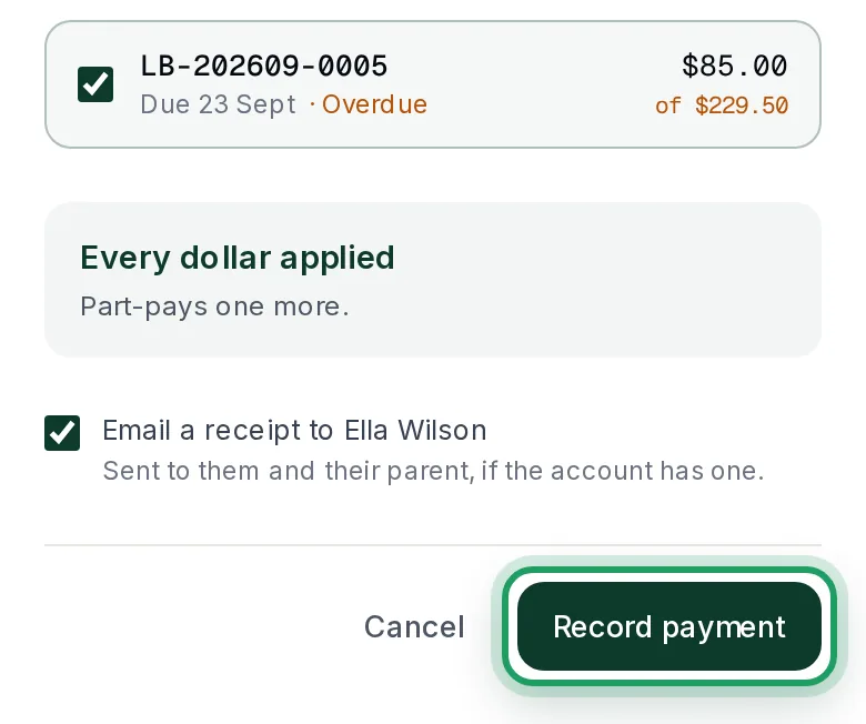 The end of Record payment on a phone: an invoice ticked for $85.00, Email a receipt ticked, and Record payment ringed