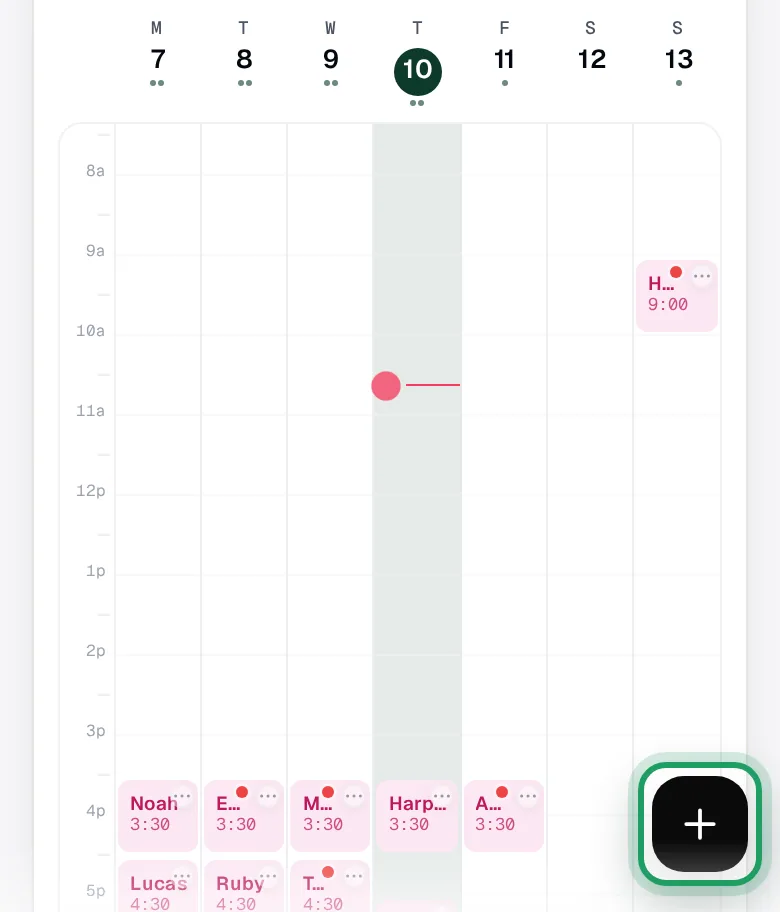 The Calendar on a phone, with the black + button ringed at the bottom right