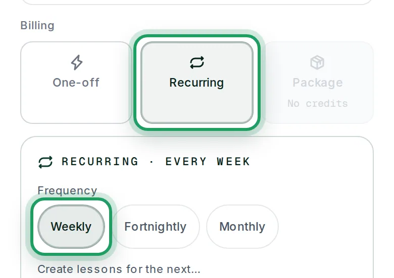 Recurring tapped and ringed under Billing, the panel headed Recurring · every week, and Weekly ringed under Frequency