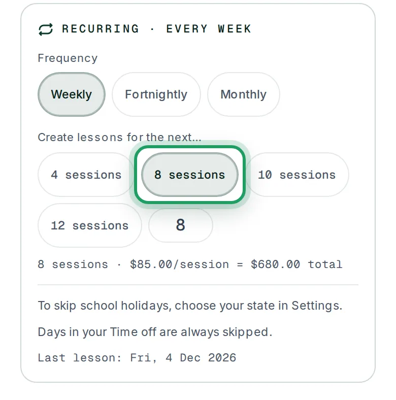 The Recurring panel on a phone with 8 sessions ringed, the line 8 sessions · $85.00/session = $680.00 total, and the Last lesson date