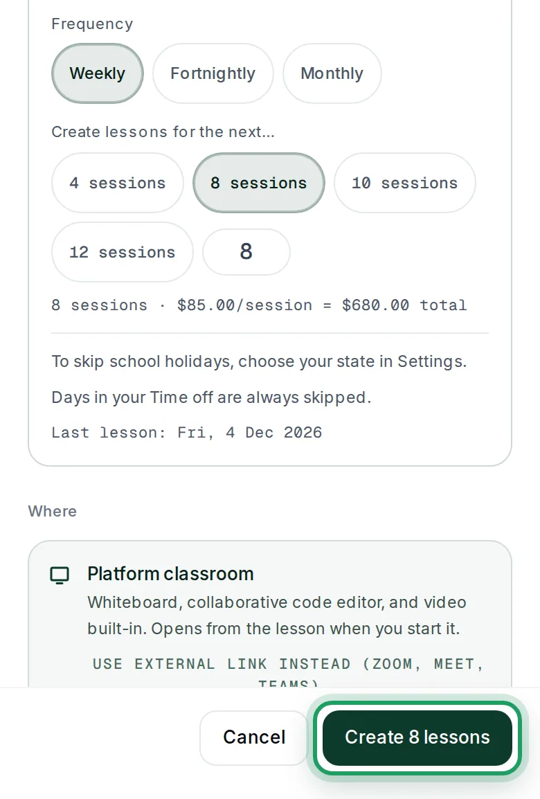 The total and Last lesson line above the bar at the bottom of the form, with Create 8 lessons ringed beside Cancel