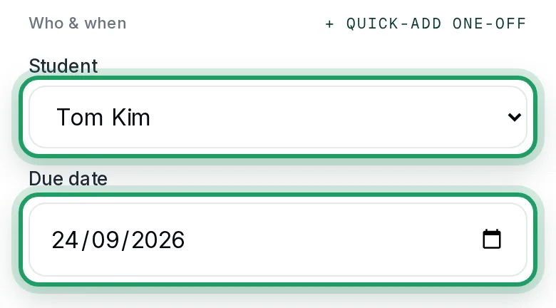 Student and Due date on a phone, with a student chosen and the due date 24/09/2026, both ringed
