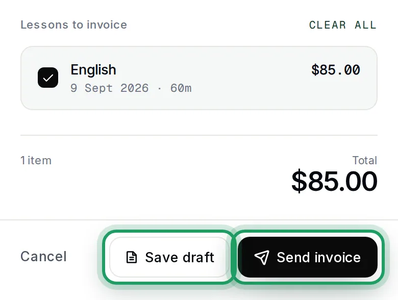 The lesson ticked, the Total of $85.00, and Save draft and Send invoice ringed at the bottom of the window