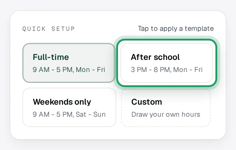 The Quick setup cards on a phone: Full-time highlighted, After school ringed, then Weekends only and Custom