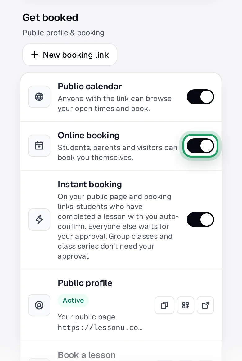 Get booked on a phone, with the Public calendar, Online booking and Instant booking switches on, and Online booking ringed