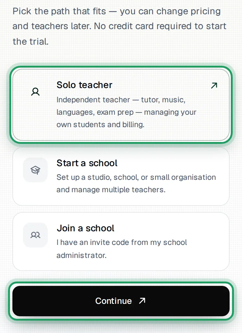 Solo teacher picked on a phone, above Start a school and Join a school, with Continue ringed at the bottom