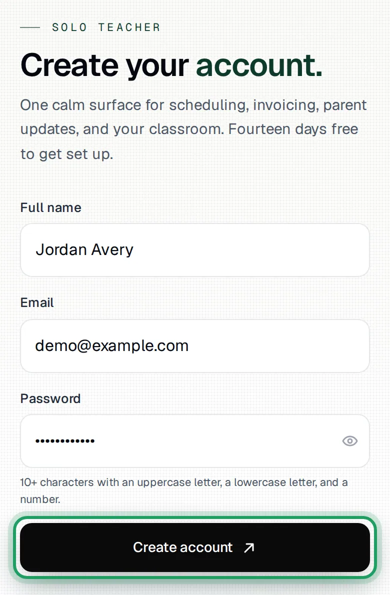 The Create your account. form on a phone, filled in with a made-up name and email, with Create account ringed