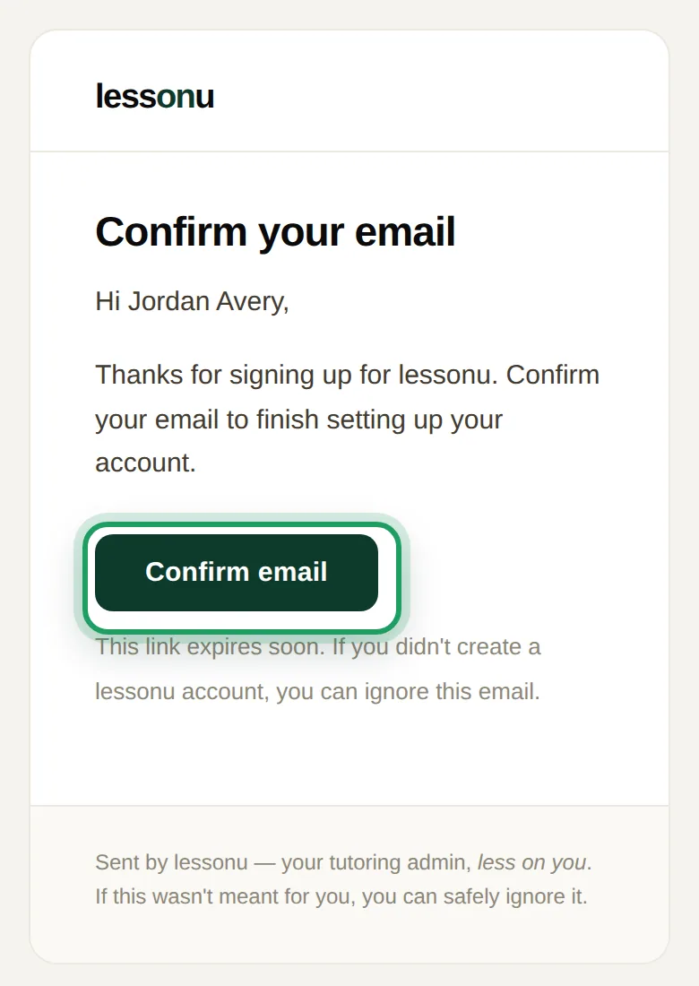 The Confirm your email message from lessonu on a phone, with its Confirm email button ringed