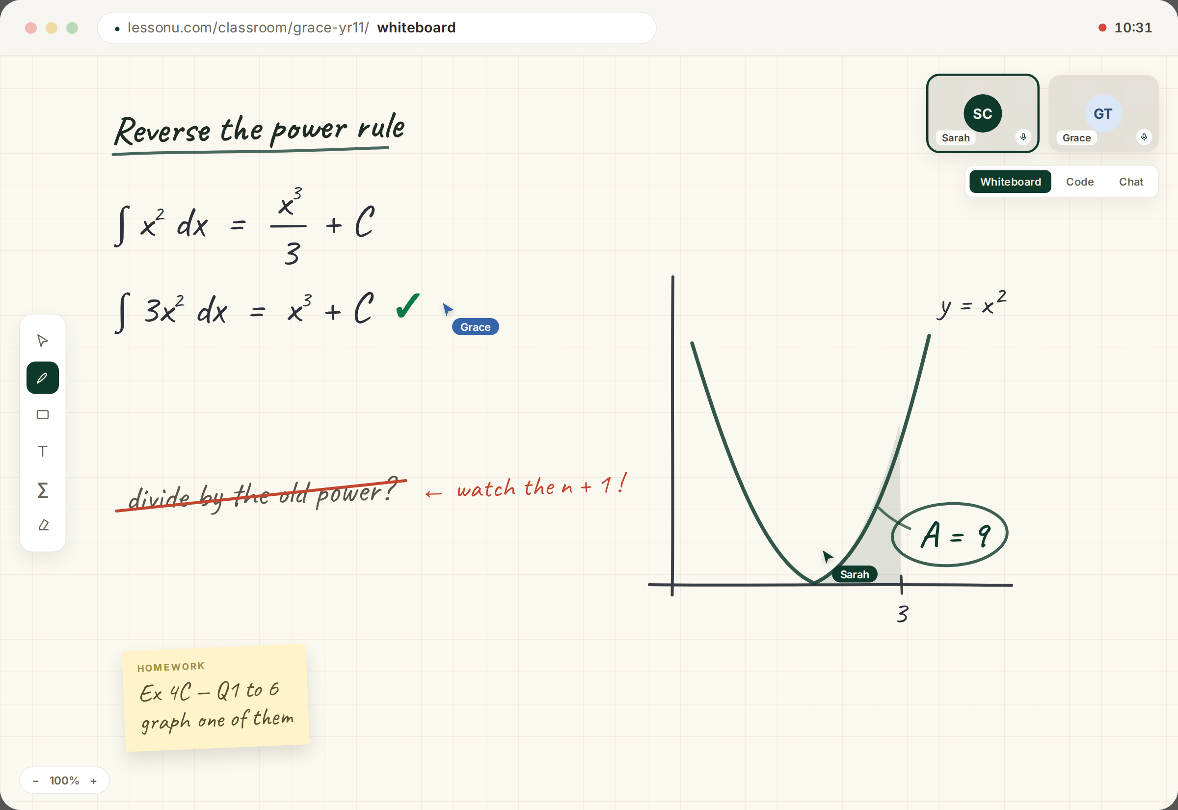 The lessonu live classroom mid-lesson — shared whiteboard with worked integration, presence cursors and video tiles