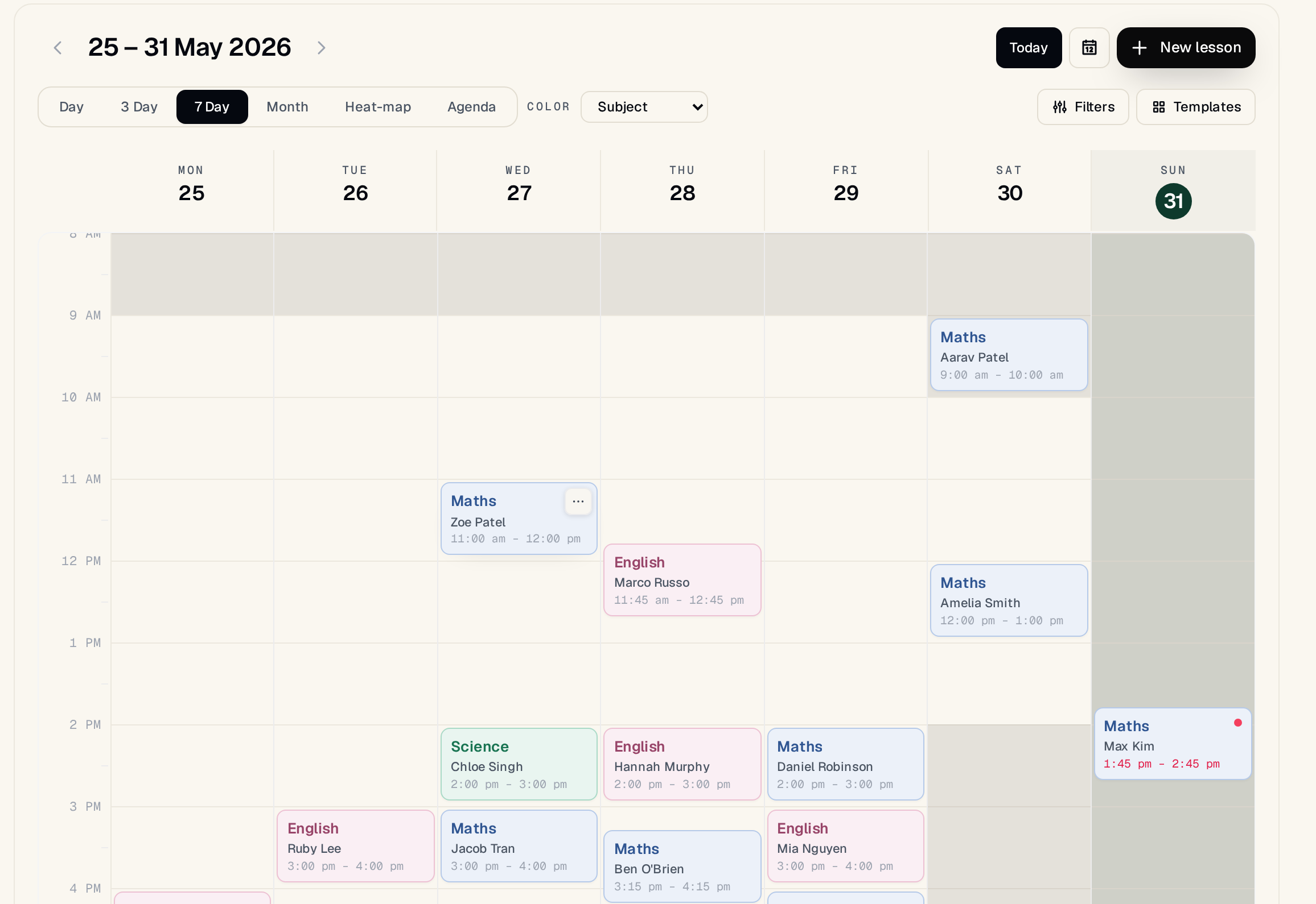 The lessonu week calendar, lessons colour-coded by subject