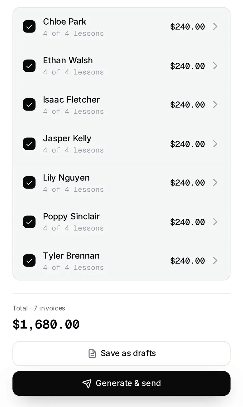 lessonu's bulk invoice sheet: seven students ticked, 4 of 4 lessons each at $240.00, total $1,680.00 for 7 invoices, with Save as drafts and Generate & send.